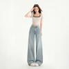 2025 Jeans de Tiro Bajo de Color Claro con Estampado de Cuadros Rosas, Dos Piezas Apiladas Falsas, sin Cinturón, Corte Ligeramente Holgado, Pierna de Trompeta de Color Claro para Mujer