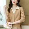 Suéter de Punto con Cuello Polo Falso de Dos Piezas para Mujer, Nuevo Estilo Otoño e Invierno, Bloques de Color, Gama Alta, Cálido, Estilo Coreano, Top de Capa Base Corto