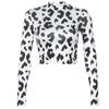 Camiseta Feminina Cropped Slim-fit de Manga Longa com Gola Semialta e Estampa de Laticínios Stretch Nova Europeia e Americana em Cores Contrastantes Preto e Branco
