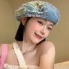 Boina azul con parche estilo coreano para mujer, gorra tipo capullo de mezclilla lavada, todo a juego, cara pequeña, gorra octagonal vieja, moda primavera y verano
