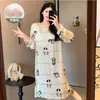 Camisola de Manga Comprida com Gola Redonda para Primavera e Outono com Bojos, Roupa de Dormir Canelada de Seda Gelada, Estilo Verão Fino, Tamanho Grande, Pode Ser Usada Fora de Casa como Roupa de Casa