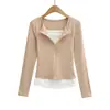 Top de Punto con Cremallera Falso de Dos Piezas para Mujer, Adelgazante, Versátil, Camiseta de Manga Larga, Estilo Chica Picante Primavera/Otoño, Top Corto de Capa Base