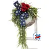 Nuevo producto transfronterizo de Amazon: Corona del Día de la Independencia de Estados Unidos con hortensias, rosas, guirnalda roja, blanca y azul, adorno colgante decorativo