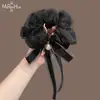 Scrunchie de Gaze com Laço de Pérolas e Flores de Alta Qualidade, Elástico de Cabelo Elegante e Delicado para Mulheres, Perfeito para Rabos de Cavalo