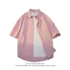 Camisa Masculina de Manga Curta Listrada de Verão Marca de Moda Casual Solta Jaqueta Camisa Cruzada Solta Tamanho Plus