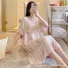 Camisón anti-bultos para mujer de verano delgado talla grande Algodón Seda Falda 2025 Nuevo Algodón Seda con sensación de hielo Ropa suelta para el hogar