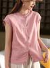 Camisa Retro de Lino sin Mangas para Mujer Verano 2025 Nuevo Top con Cuello de Hongo Suelto Talla Grande Camisa Casual para Mujer