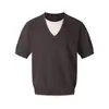 Camiseta de Punto Color Block con Cuello en V de Manga Corta, Estilo Old Money Americano, Falsa de Dos Piezas, Unisex, Minimalista, Perezoso, Casual, Moderna