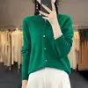 Cárdigan de lana de punto sin costuras de cuello redondo 100% lana de alta gama listo para usar para mujer, colección de otoño, suéter estilo coreano