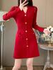 Vestido de Tricô Vermelho High-End Estilo Chanel 2026 Nova Moda de Nicho Roupas Femininas Vestido Slimming com Acinturamento Decote V