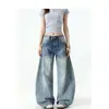 Jeans Curvos Retro Americanos Azul Claro para Mujer, Tendencia de Primavera Versátil Nuevos Pantalones de Pierna Ancha de Cintura Baja Adelgazantes
