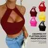 Top Cropped Zeriluna com Gola Halter Vazado para Verão, Estilo Hot Girl, Slim Fit, Sem Mangas