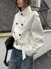 Jaqueta de chuva gola alta, oversized, ultracurta, com botões duplos
