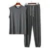 Conjunto de Dos Piezas para Hombre de Modal con Cuello Alto y Pantalones de Linterna, Traje de Casa Casual Delgado Suelto de Verano Tallas Grandes