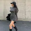 Vestido Liso de Gola Alta com Manga Longa e Pregas para Outono e Inverno Feminino, Vestido Básico Slim Fit Estilo Francês, Vestido Curto Bodycon com Ajuste na Cintura