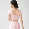 Vestido de fitness transpirable de malla de una pieza con copa fija de manga corta, doble capa, forrado, plisado, adelgazante