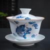 Porcelana branca de Dehua conjunto de três peças Tigela com tampa 4,0 polegadas grande alta tigela de chá de cerâmica branca conjunto de chá kung fu logotipo personalizável