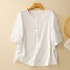 Foto real 2025 retro casual camisa sencilla camisa de lino talla grande para mujer arte abrigo delgado amigable con la piel combinable mujer
