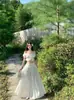 Top Francés de Volantes a un Hombro para Mujer, Nuevo Estilo de Verano Atuendo Suave, Falda Larga Blanca de Cintura Alta