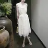 Vestido bidireccional suave de un hombro estilo francés, vestido largo de malla jacquard de rombos color beige, vestido de noche ligero para banquetes