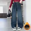 Calça Jeans Outono e Inverno para Meninas 2026 Nova Casual Estilo Coreano Esportiva Slim Fit Estampada de Coração Forrada com Lã Calça Grossa