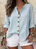 Roupas Femininas Transfronteiriças Europeias e Americanas Camisa de Algodão e Linho Cor Sólida Decote V Feminina Solta Casual Cardigan de Botão Único Manga Longa Versátil