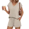 Conjunto transfronterizo europeo y americano para mujer, de manga corta raglán con cuello en V, top holgado con cordón y shorts de bolsillo grande, estilo casual