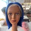 Peluca Bobo Azul Corta Recta de Cabello Humano Real Peluca de Cabello Humano con Malla Frontal 13X4
