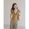 LiLvi diseño de bloques de color amarillo manga corta para mujer estilo coreano ribete de encaje cuello en V hombro normal nuevo top camiseta para verano