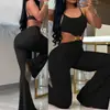 Moda Transfronteiriça Roupas Femininas Primavera e Verão Novo Elegante Tomara-que-caia Cor Sólida Malha Top com Design Vazado e Calça Longa Flare