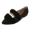 Sapatos Peludos para Mulheres, Outono e Inverno, Bico Fino, Slip-On, Pele de Coelho Pérola, Sapatos de Maternidade, Tamanho Grande 41-43, Pode Ser Usado ao Ar Livre