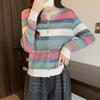 Tejido de Punto para Mujer de Cuello Redondo Transfronterizo Cárdigan para Mujer Otoño e Invierno Nuevo Chaqueta de Manga Larga a Contraste Suéter Holgado Camiseta Base para Mujer