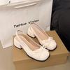 Zapatos de Mujer de Punta Francesa con Lazo 2025 Verano Nueva Llegada Falda Elegante Tacón Medio Zapatos de una Capa Tacón Grueso Zapatos de Tacón Alto
