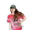 Camiseta de Algodón Puro Tie-Dye con Bloques de Color Dopamina para Mujer, Estampado de Dibujos Animados de Marca Retro Trendy, Holgada y Elegante, Top de Talla Grande para Exterior