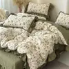 2026 Juego de Colcha de Lino Estampado Vintage Arrugado con Encaje Sencillo Juego de Cama de Cuatro Piezas Funda Nórdica de Flores Pequeñas Juego de Cama