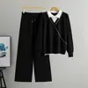 Comercio Exterior Transfronterizo Estilo Europeo y Americano Nuevo Otoño para Mujer Suéter Holgado con Cuello Polo Falso Dos Piezas y Conjunto de Pantalones de Pierna Ancha
