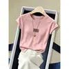 Diseño elegante, hombro recto, algodón puro, cuello redondo, manga corta, camiseta para mujer, moda coreana, moderna, con pequeñas mangas acampanadas, top de verano