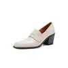Mocasines de cuero elegantes y sofisticados para el trabajo, colección otoño 2026, tacones altos gruesos, puntera cuadrada pequeña, cuero genuino, planos de corte bajo para mujer