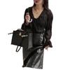 9832 Big Aimei Yiyuan 2023 Otoño e Invierno Nueva Camisa Negra con Cuello en V y Mangas de Trompeta con Base de Encaje Falda de Cadera para Mujer