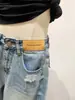Shorts de Mezclilla Rasgados Estilo A-Line Talla Plus para Mujer, Verano Vintage Estilo Americano Cintura Alta Pierna Ancha Rectos de Longitud Media