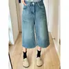 Pantalones Vaqueros Retro Azules de Pierna Ancha Cortos para Mujer, Nuevo Estilo de Verano, Tallas Grandes, Corte Holgado, Adelgazantes, Adecuados para Cuerpo Tipo Pera, Pantalones de Pierna Recta