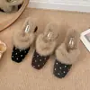 Novedad Otoño/Invierno Diadema de Piel de Lunares Medias Zapatillas Puntiagudas Tacón Grueso Tacones Altos Para Uso en Exteriores Forro de Felpa Zapatos de Moda Talla Grande para Mujer