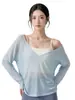 Top deportivo para mujer de corte holgado con cuello en V, camisa de fitness casual de manga larga de doble uso, cubierta de yoga ligera y transpirable