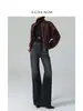 Jeans Clássico Preto e Cinza de Cintura Alta para Mulheres, Calças Retro Wide-Leg Levemente Flare, Calças Tubo Largas Flare, 25 Novo Estilo Outono, Efeito Emagrecedor