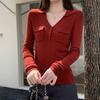 Tiro Real # Suéter de Manga Larga con Solapa Verde Retro en el Hombro Derecho para Mujer en Otoño Camiseta Básica Adelgazante