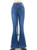 Jeans acampanados elásticos de cintura alta estilo europeo y americano, pantalones de campana vintage desgastados para mujer, pantalones de mezclilla lavados multicolor al por mayor