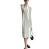 Otoño e Invierno Estilo Holgado Perezoso Sencillo Combinable Largo hasta la Rodilla con Abertura Vestido Largo de Punto de Cuello Alto para Mujer Largo Medio Interior