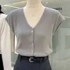 Cardigã de Malha com Decote V de Seda de Gelo para Mulheres, Verão Slim Fit, Design Estiloso, Mangas Curtas Elegantes, Cor Sólida, Proteção Solar