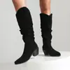 Botas cuadradas para mujer, tallas 34-48, botas altas de comercio exterior para otoño e invierno, color liso, punta fina, slip-on, versátiles, botas de montar para mujer