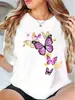 Comércio Exterior Transfronteiriço Europeu e Americano Roupas Femininas Borboleta Colorida Gola Redonda Estampada Camiseta Feminina de Manga Curta Top